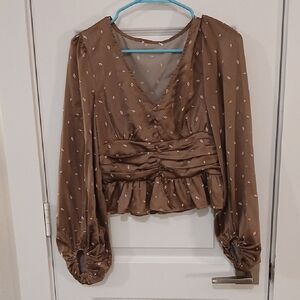 Chic Brown V-Neck Blouse with Ruched Design